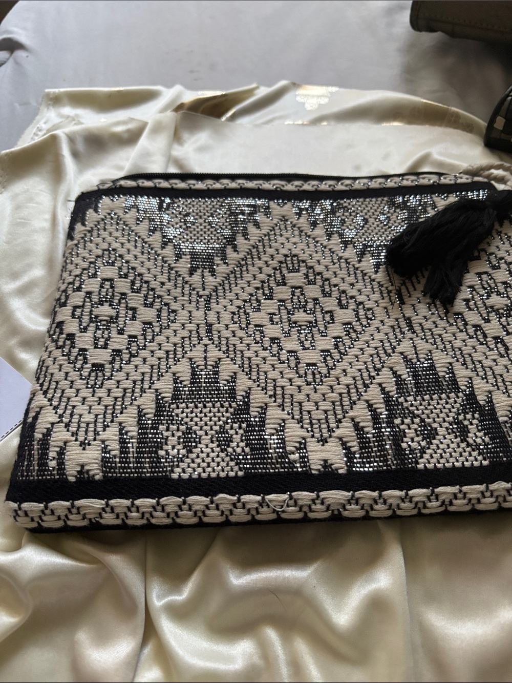Cynthia Rowley New York clutch bag featuring Black, Silver & Cream bolo.